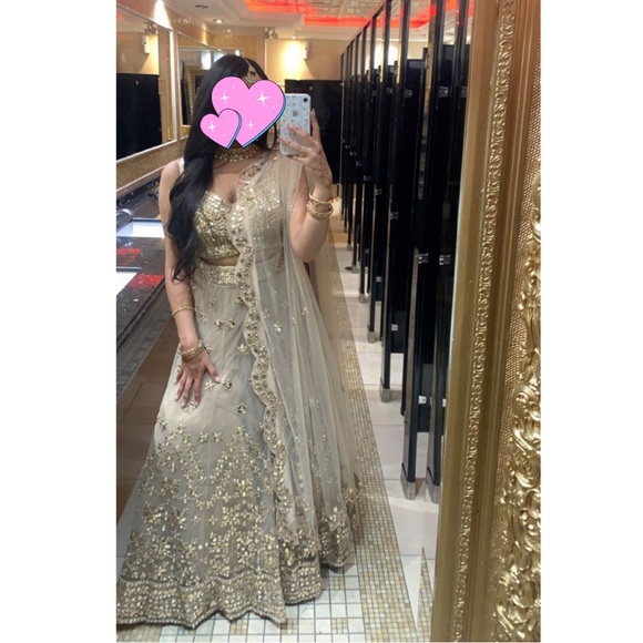 BEAUTIFUL MIRROR WORK CHAMPAGNE GOLD INDIAN PUNJABI LENGHA - Picture 3 of 3